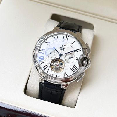 Cartier Stainless Steel Case 44*12MM Cowhide Leather Bracelet Business Men Black/White Watch